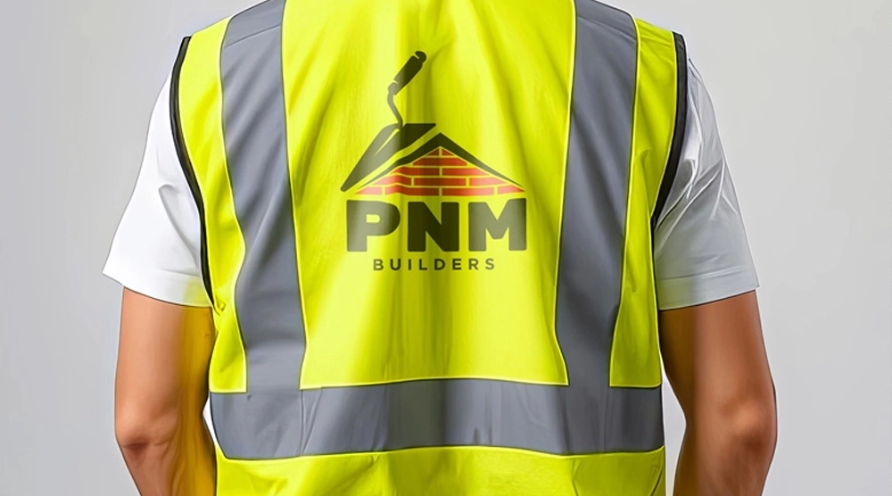 Rear view of a person wearing a high-visibility yellow safety vest with silver reflective strips and a "PNM BUILDERS" logo printed on the back.