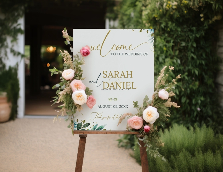 A white rectangular wedding welcome sign with gold typography and pink floral arrangements, displayed on a dark wood easel in an outdoor garden setting