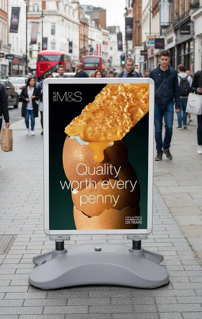 A large silver-framed pavement swing sign on a busy city sidewalk featuring a high-definition M&S food advertisement of an egg and toast soldier with the slogan "Quality worth every penny."