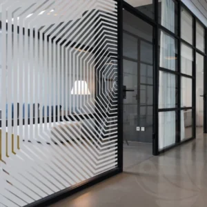 Frosted vinyl glass manifestation featuring a geometric hexagon and molecular pattern on office partitions.