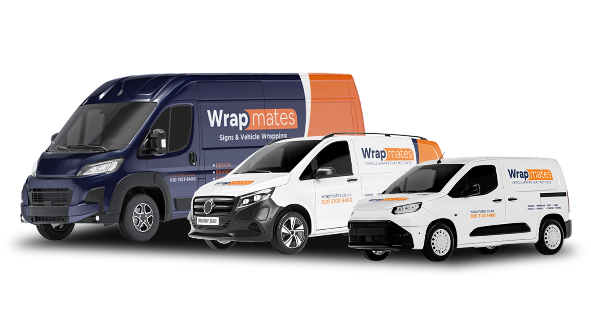 Three different sized commercial vans (large navy, medium white, and small white) featuring "Wrap mates" branding with orange and blue partial wraps