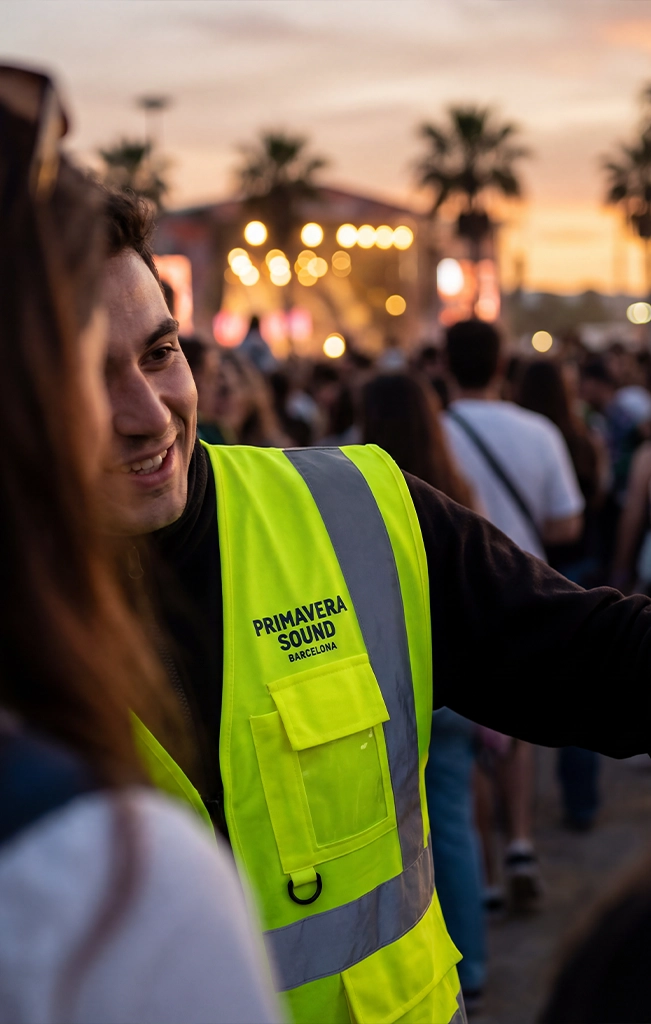 Close-up of a festival staff member wearing a yellow hi-vis vest with the "Primavera Sound Barcelona" logo printed on the chest pocket.