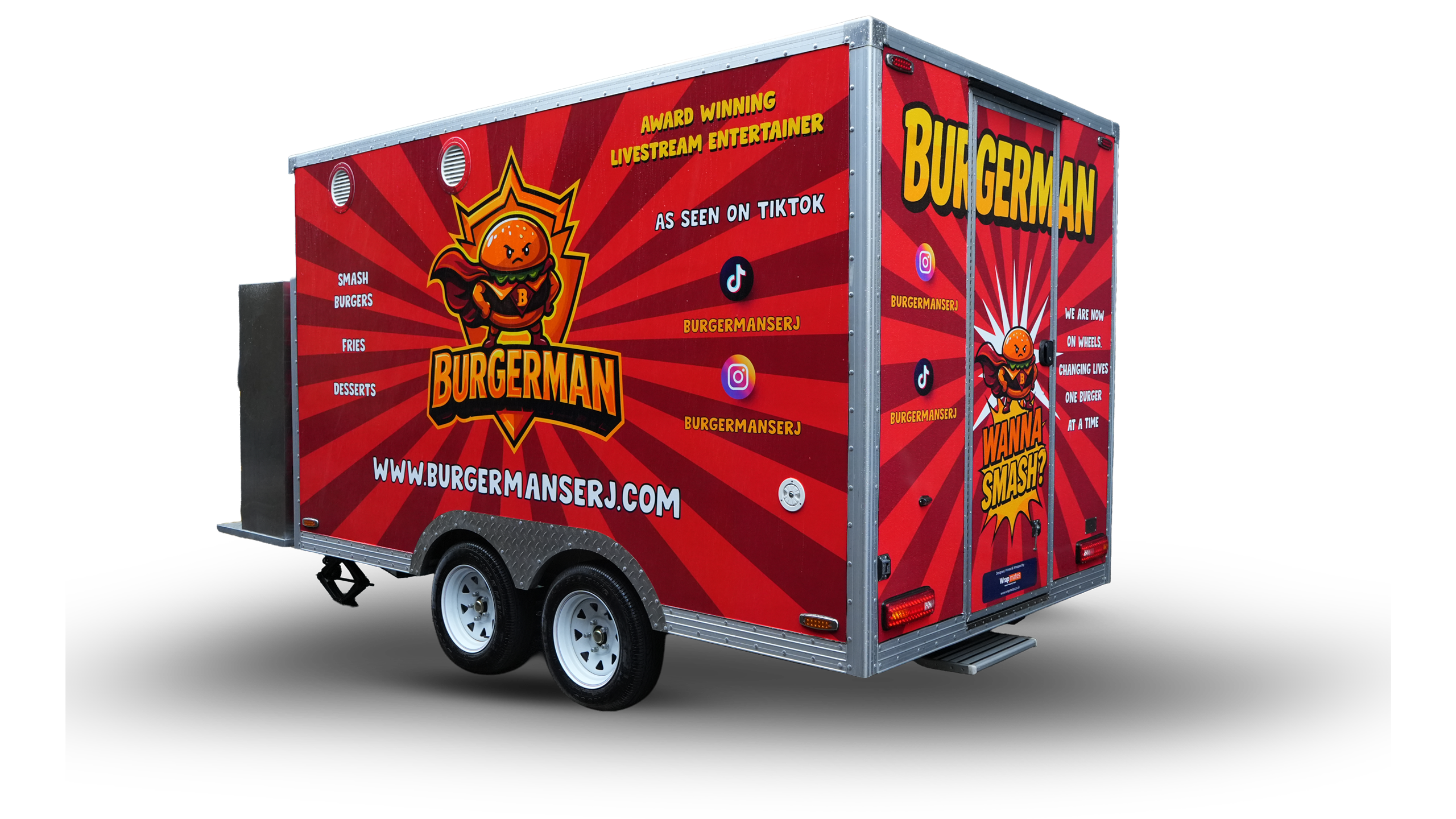 High-impact red and yellow sunburst food trailer wrap for "Burgerman," featuring a superhero burger mascot and social media handles for TikTok and Instagram.