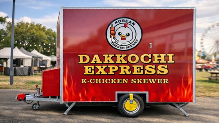 A professional food trailer wrap for Dakkochi featuring clean white branding, Korean typography, and a minimalist aesthetic.