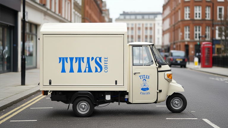 A sleek, dual-axle coffee trailer featuring a vibrant yellow and blue "Tita Coffee" vinyl wrap with minimalist branding.